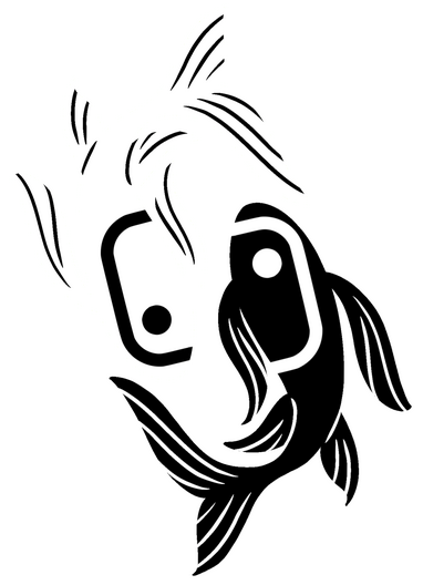 a black and a white beta fish circling each other, remiscent of the yin and yang symbol, with the Nintendo switch symbol imposed over both of their heads. Designed by cerulebell