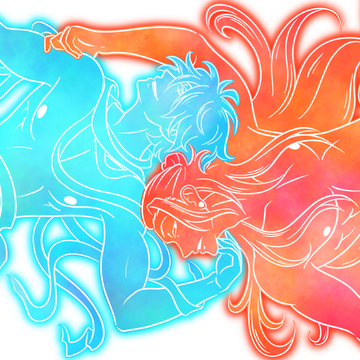 Satoru (blue) and Suguru (red) laying in opposite directions, the backs of their heads touching. Designed by cerulebell