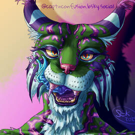 Asper/Az, Samwizely's feline fursona, drawn by @captnconfusion